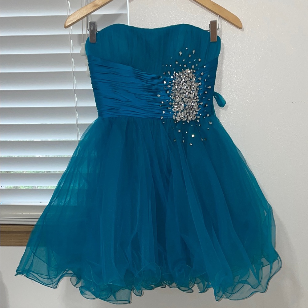 Sherri Hill Teal Strapless Party Dress with Rhinestone Cluster